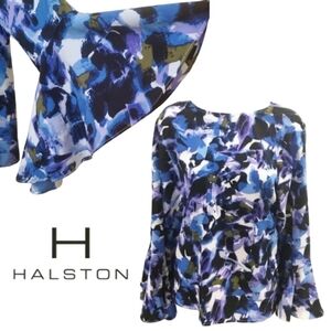 Sz Lg Bell Sleeve Blue Abstract Floral Blouse, H by Halston